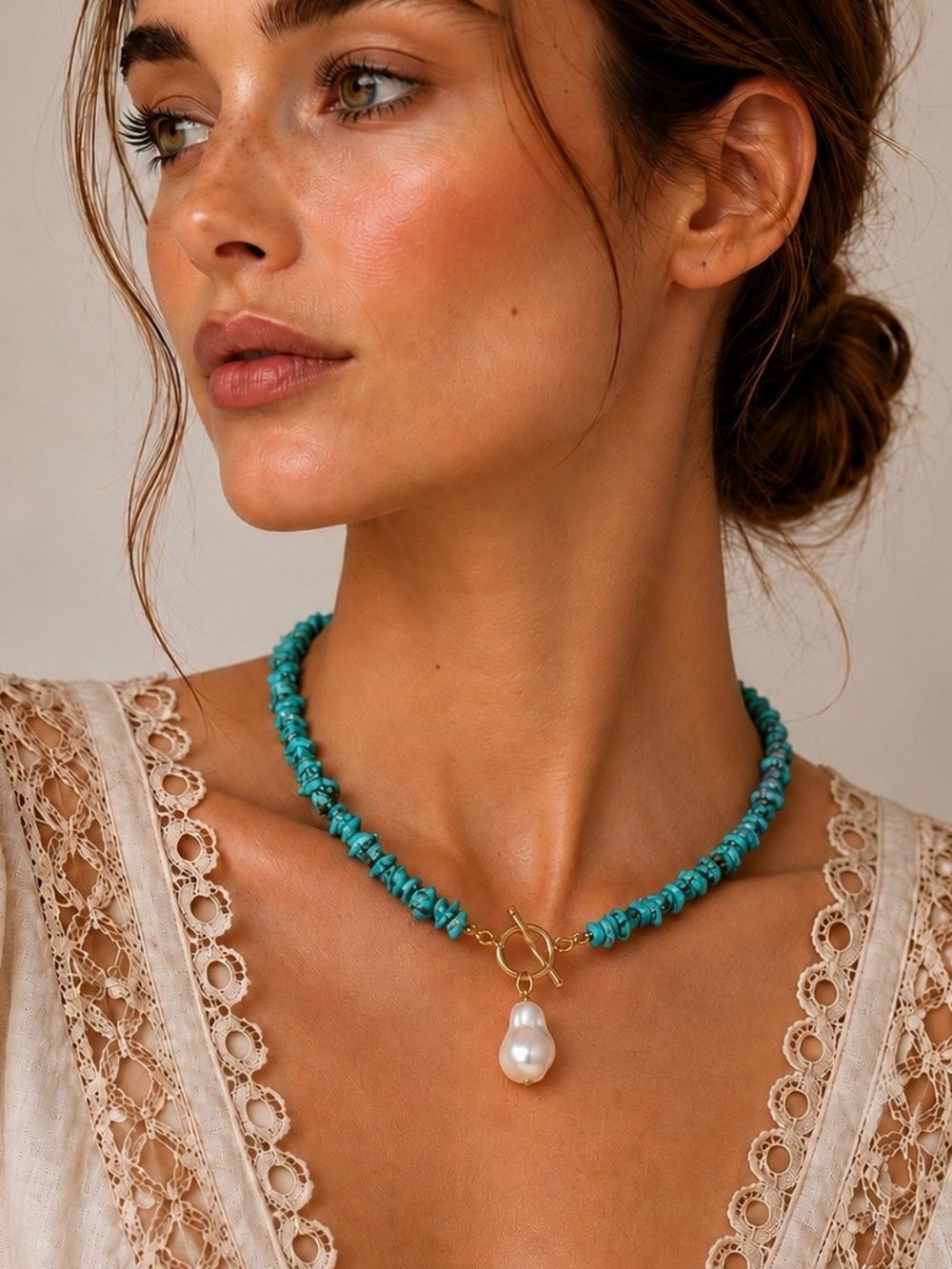 NWT Turquoise Choker Necklace
Baroque Freshwater Pearl Pendant 18K Gold Plated - Picture 5 of 10